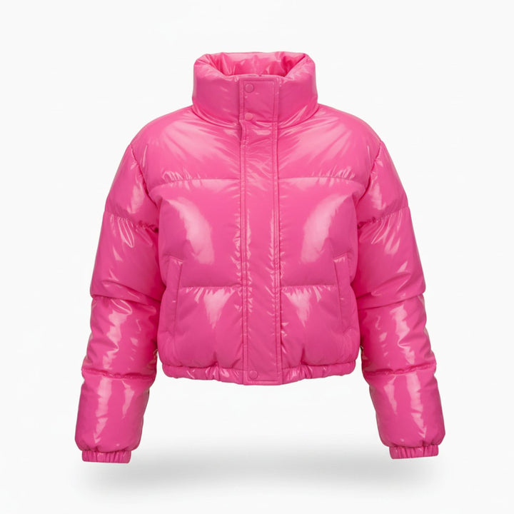 Women's Cropped Glossy Zip-Up Stylish Puffer Jacket - Pink