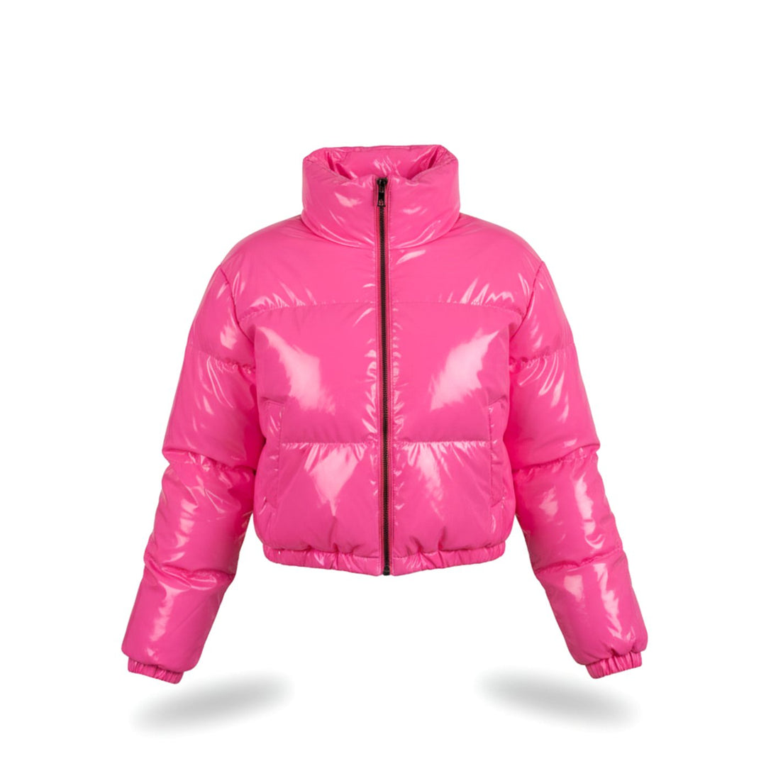 Women's Cropped Glossy Zip-Up Stylish Puffer Jacket - Pink