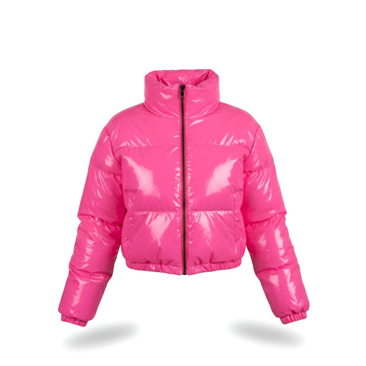 Women's Cropped Glossy Zip-Up Stylish Puffer Jacket - Pink