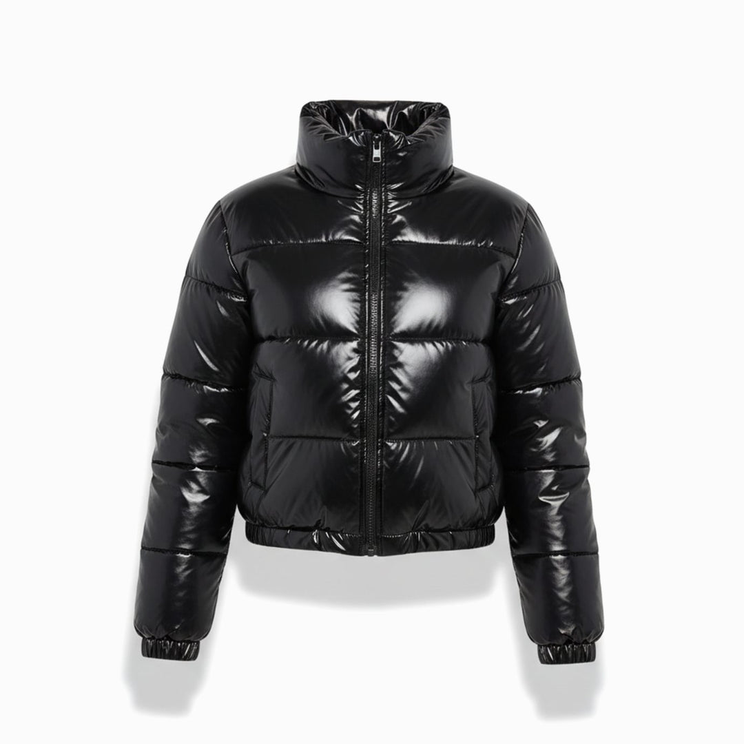 Women's Cropped Glossy Zip-Up Stylish Puffer Jacket - Black