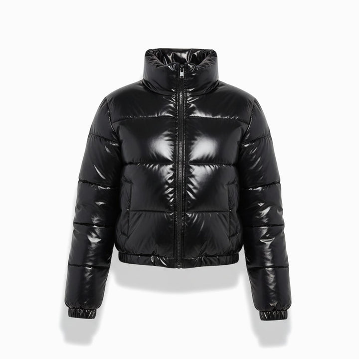 Women's Cropped Glossy Zip-Up Stylish Puffer Jacket - Black