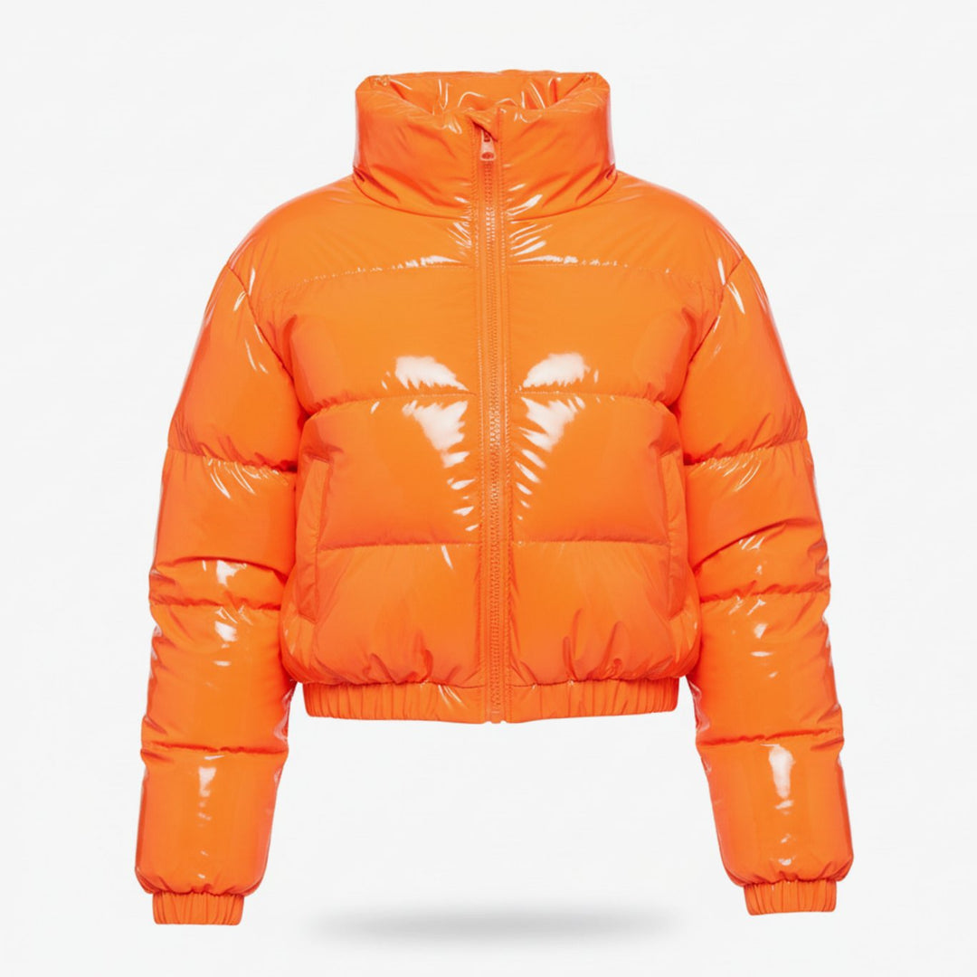 Women's Cropped Glossy Zip-Up Stylish Puffer Jacket - Orange