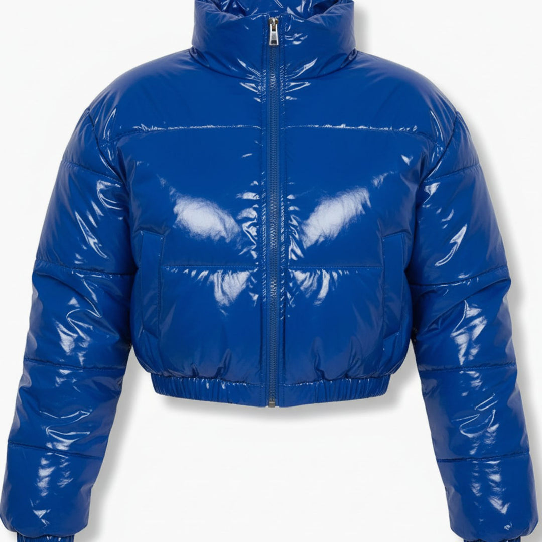 Women's Cropped Glossy Zip-Up Stylish Puffer Jacket - Blue