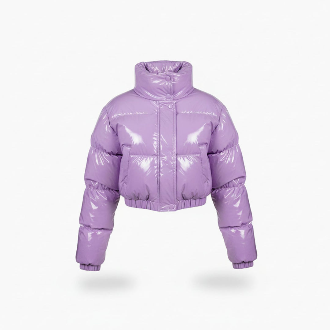 Women's Cropped Glossy Zip-Up Stylish Puffer Jacket - Lilac
