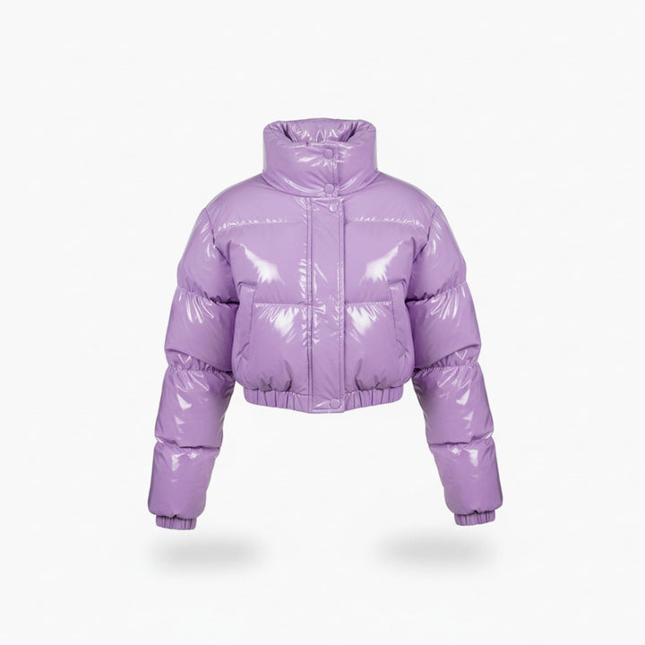 Women's Cropped Glossy Zip-Up Stylish Puffer Jacket - Lilac