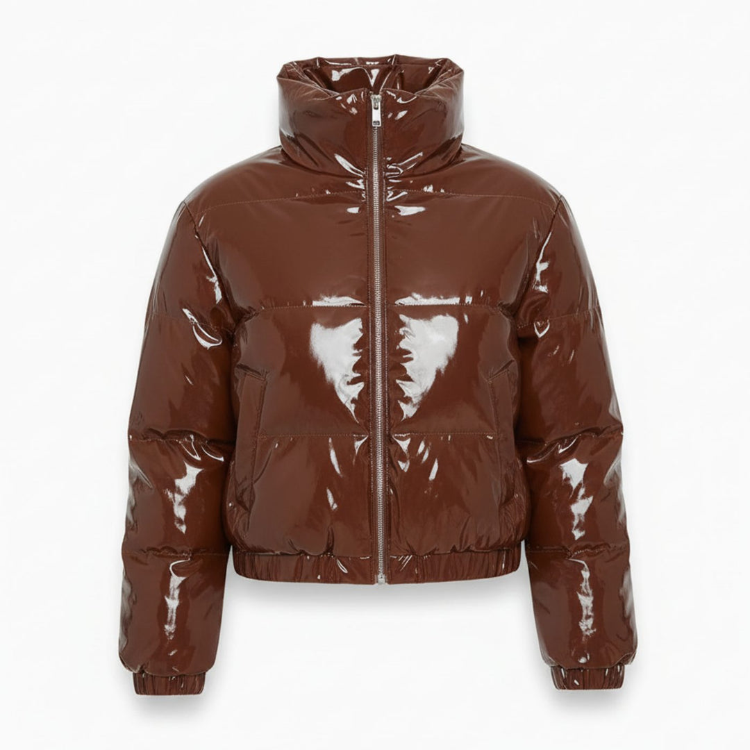 Women's Cropped Glossy Zip-Up Stylish Puffer Jacket - Brown