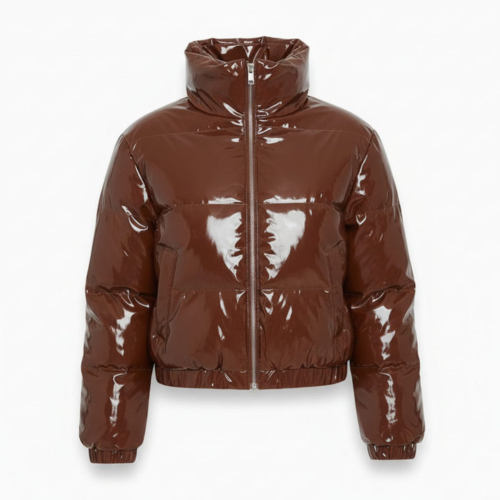 Women's Cropped Glossy Zip-Up Stylish Puffer Jacket - Brown