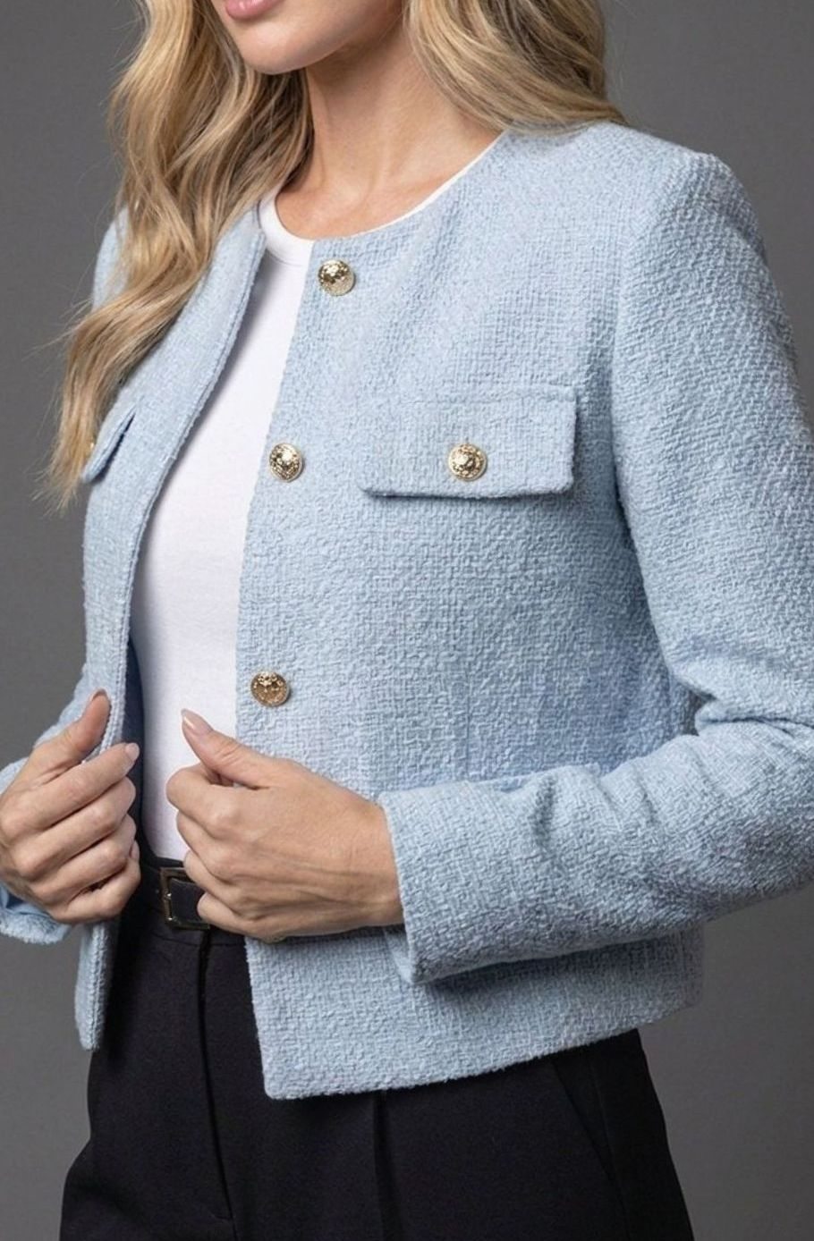Women's Cropped Tweed Blazer Collarless Gold-Button Flap-Pocket Jacket, Light Blue