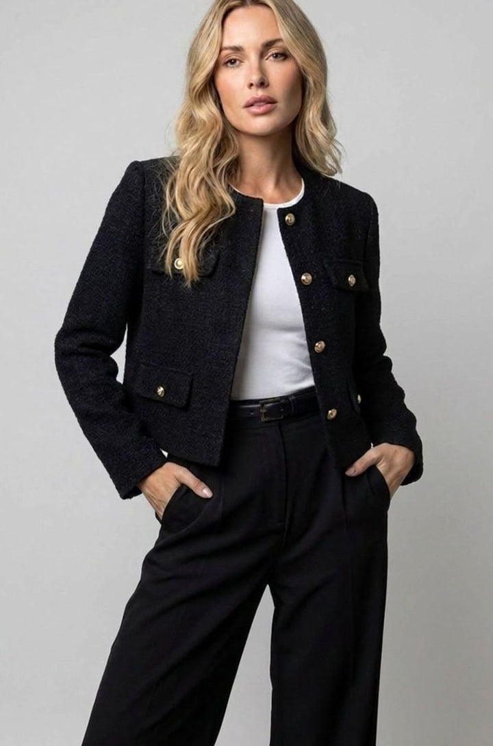 Women's Cropped Tweed Blazer Collarless Gold-Button Flap-Pocket Jacket, Light Blue - Black