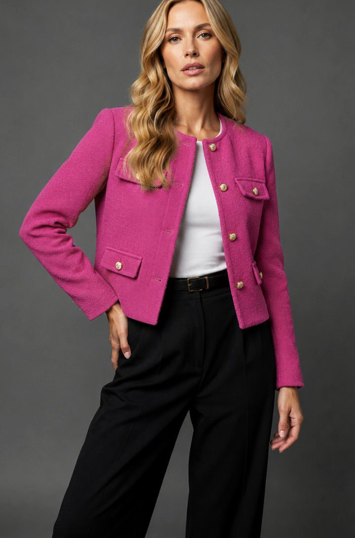 Women's Cropped Tweed Blazer Collarless Gold-Button Flap-Pocket Jacket, Light Blue - Pink