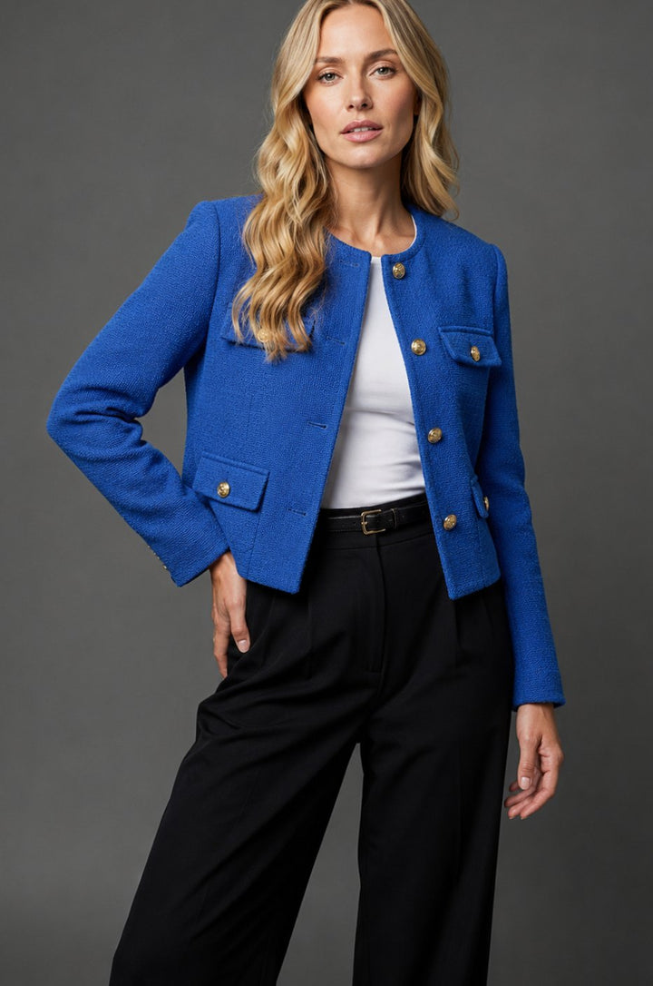 Women's Cropped Tweed Blazer Collarless Gold-Button Flap-Pocket Jacket, Light Blue - Blue