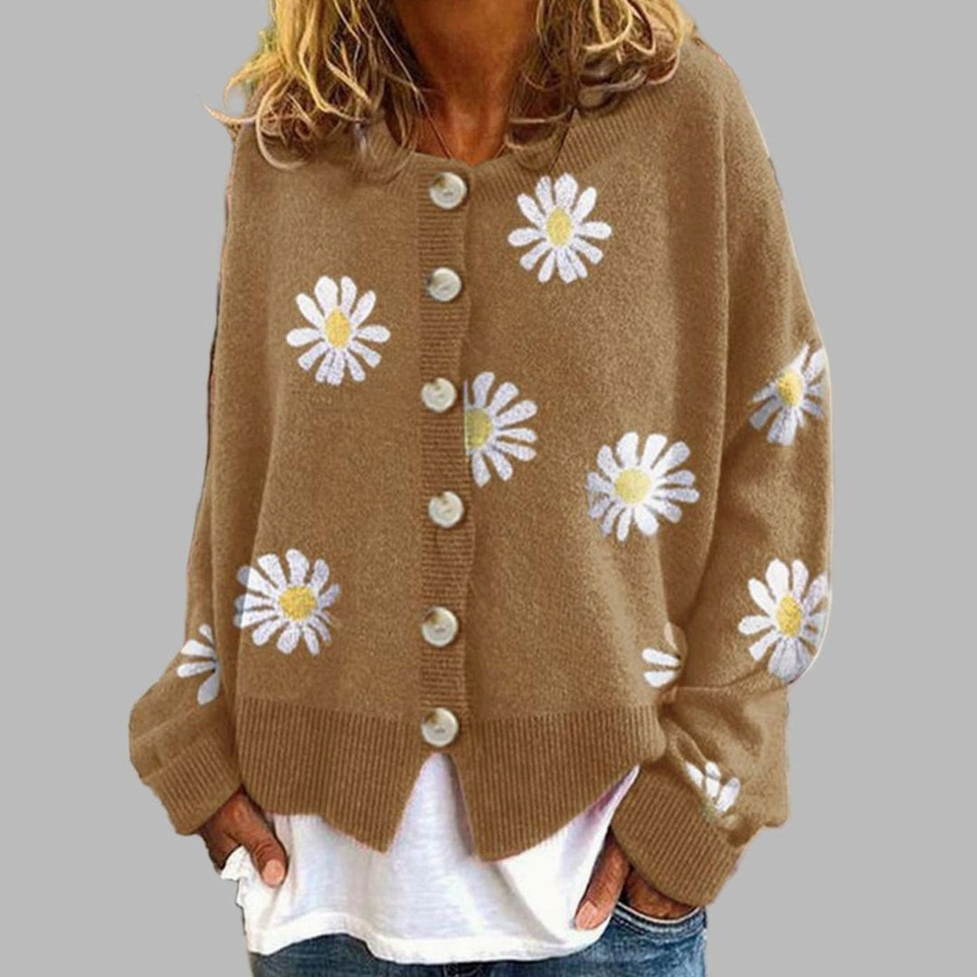 Women's Daisy Floral Long-Sleeve Button-Front Knit Cardigan - Khaki