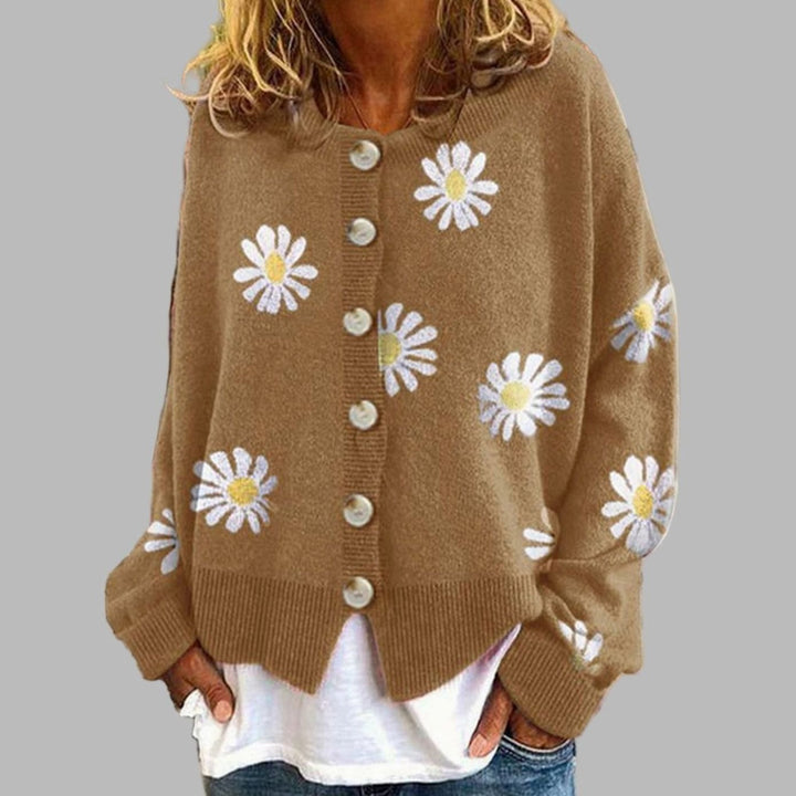 Women's Daisy Floral Long-Sleeve Button-Front Knit Cardigan - Khaki