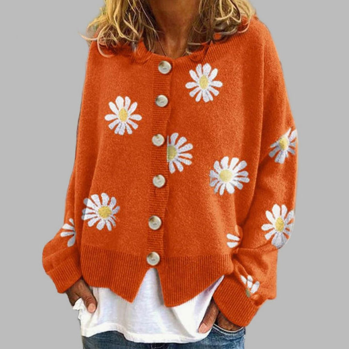 Women's Daisy Floral Long-Sleeve Button-Front Knit Cardigan - Orange