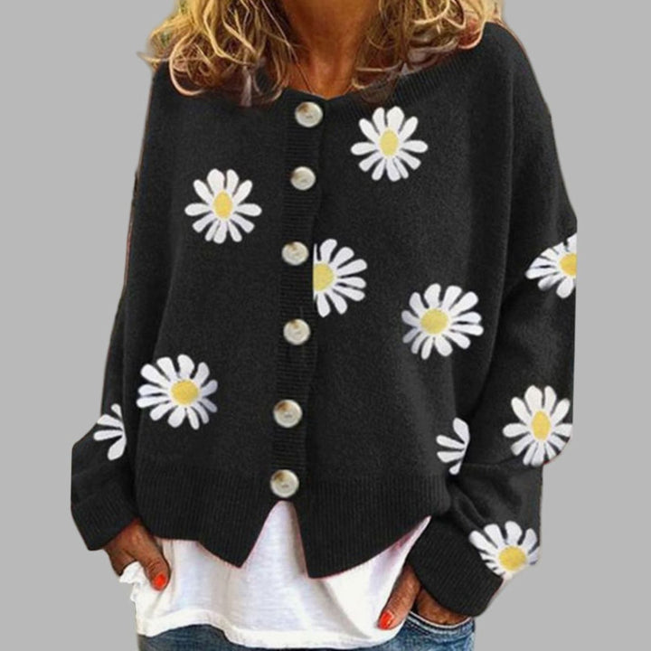 Women's Daisy Floral Long-Sleeve Button-Front Knit Cardigan - Black