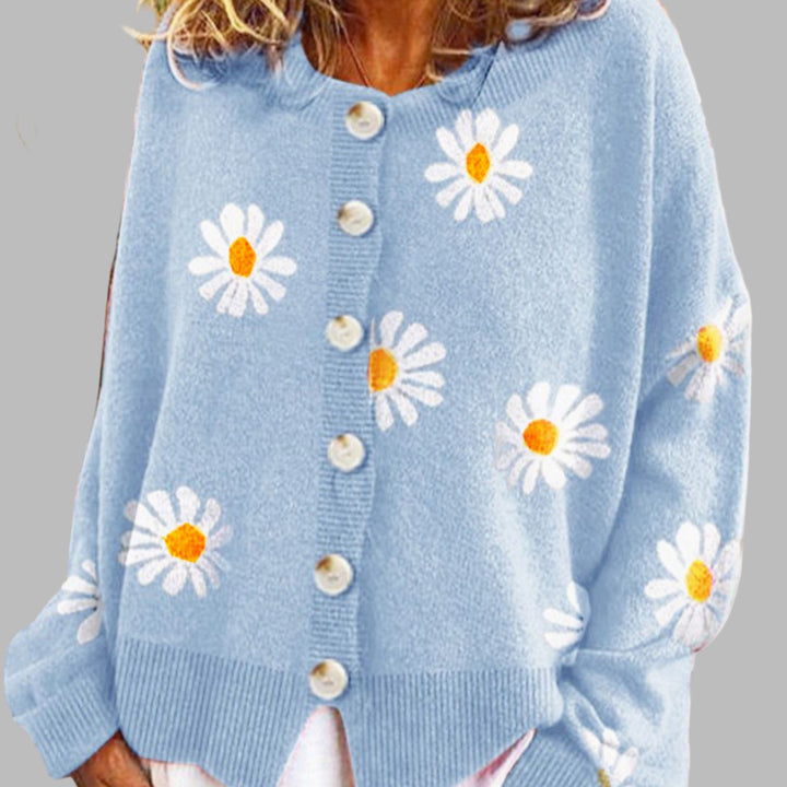 Women's Daisy Floral Long-Sleeve Button-Front Knit Cardigan - Blue