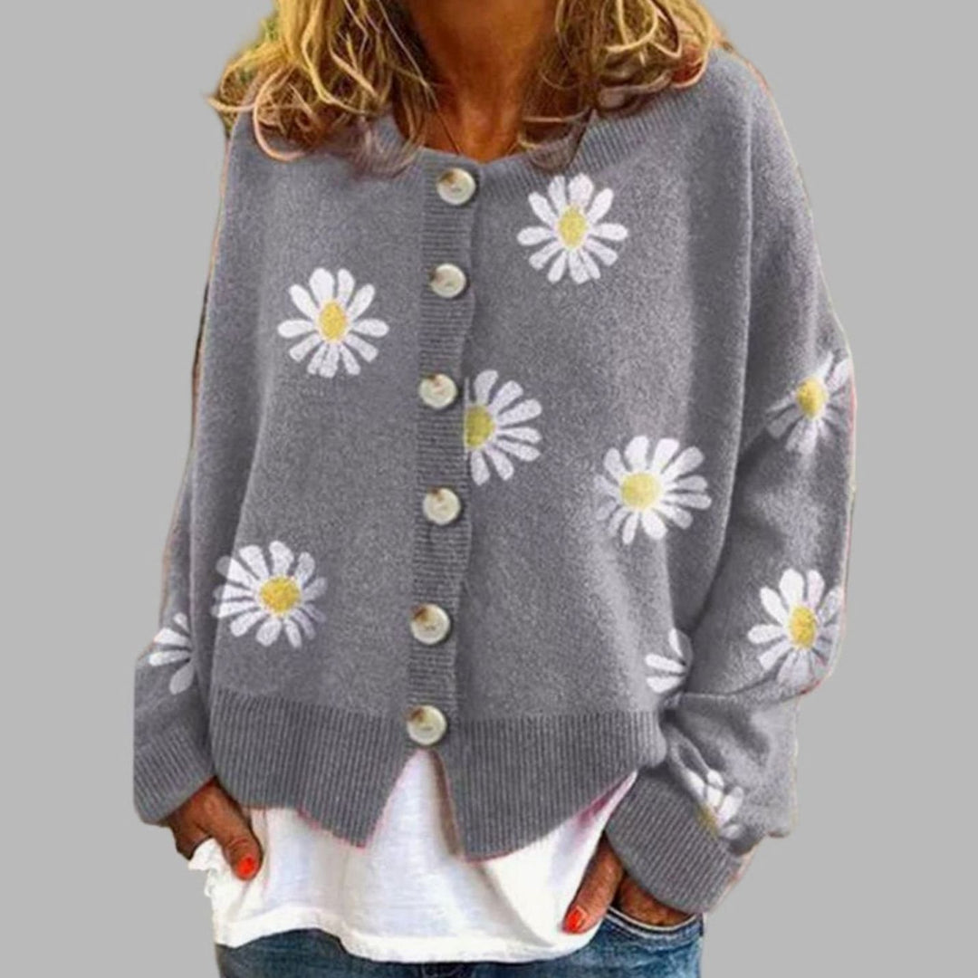 Women's Daisy Floral Long-Sleeve Button-Front Knit Cardigan - Grey