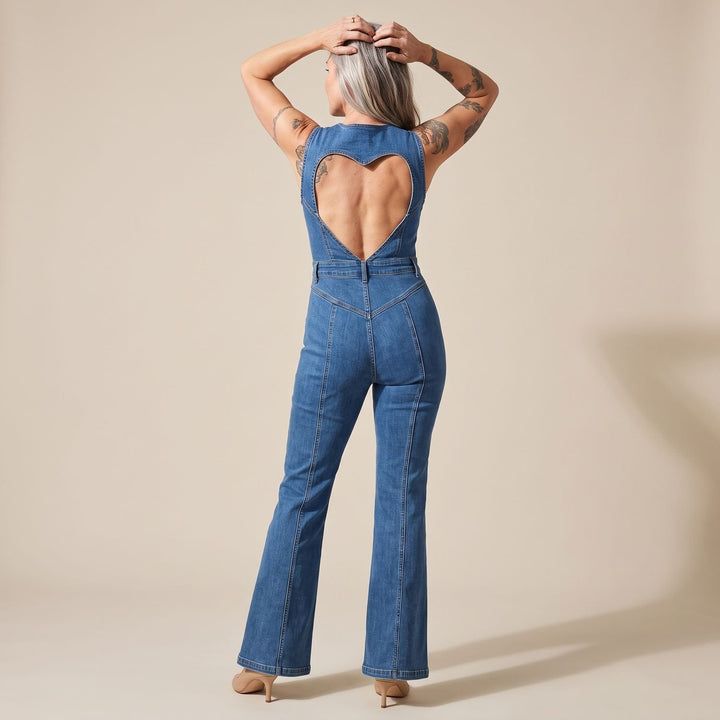 Women's Deep V-Neck Heart-Shaped Denim Jumpsuit Flare Leg