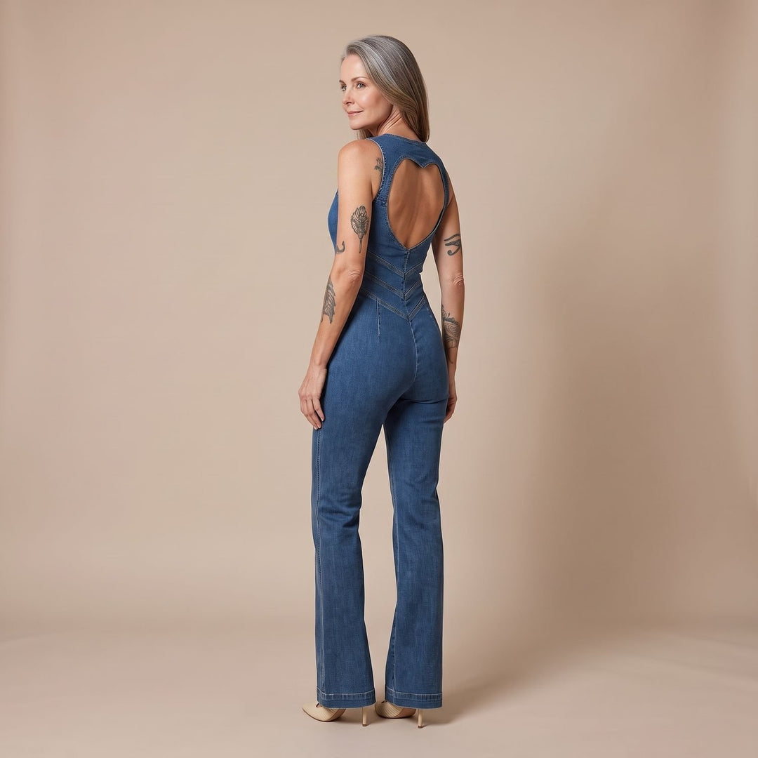 Women's Deep V-Neck Heart-Shaped Denim Jumpsuit Flare Leg
