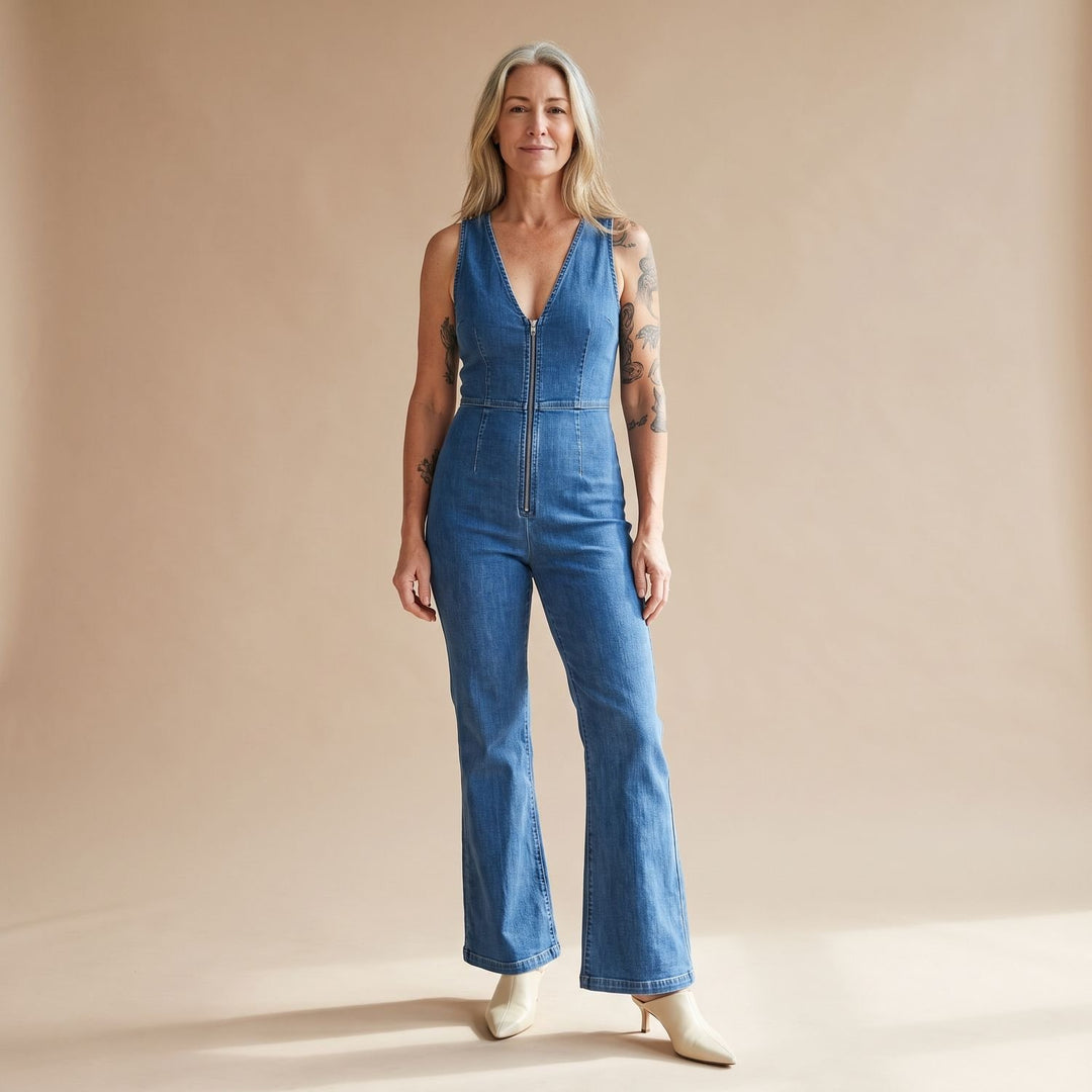 Women's Deep V-Neck Heart-Shaped Denim Jumpsuit Flare Leg
