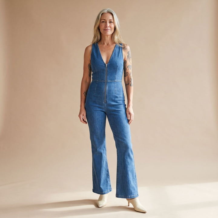 Women's Deep V-Neck Heart-Shaped Denim Jumpsuit Flare Leg