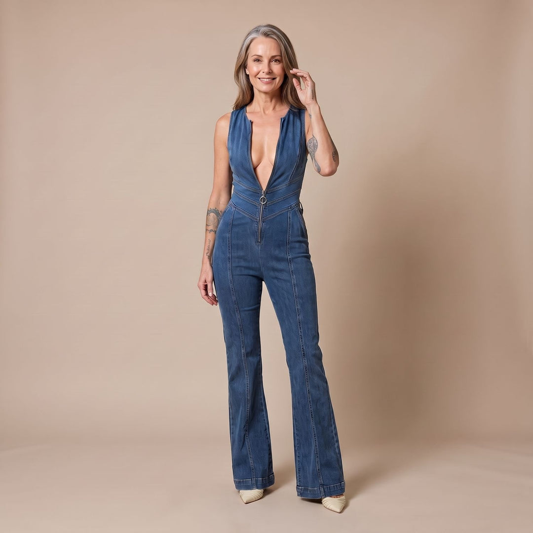 Women's Deep V-Neck Heart-Shaped Denim Jumpsuit Flare Leg
