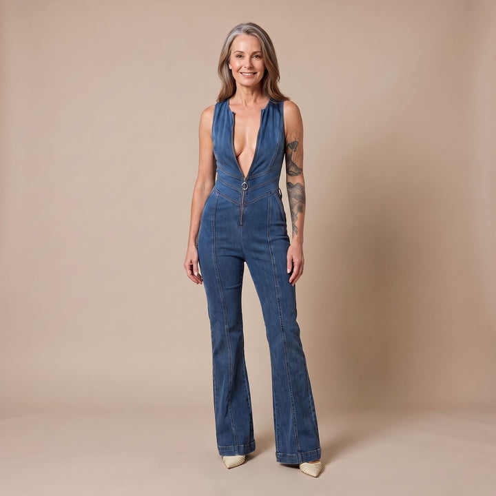 Women's Deep V-Neck Heart-Shaped Denim Jumpsuit Flare Leg