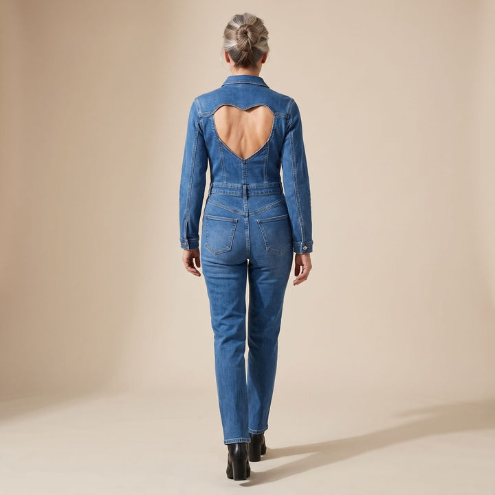 Women's Deep V-Neck Heart-Shaped Denim Jumpsuit Flare Leg