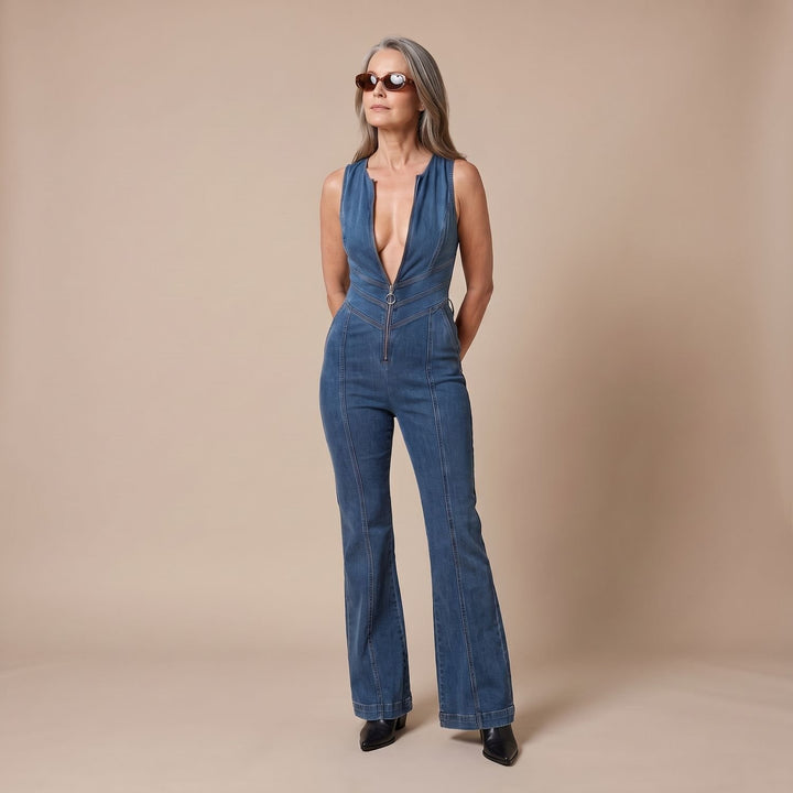 Women's Deep V-Neck Heart-Shaped Denim Jumpsuit Flare Leg