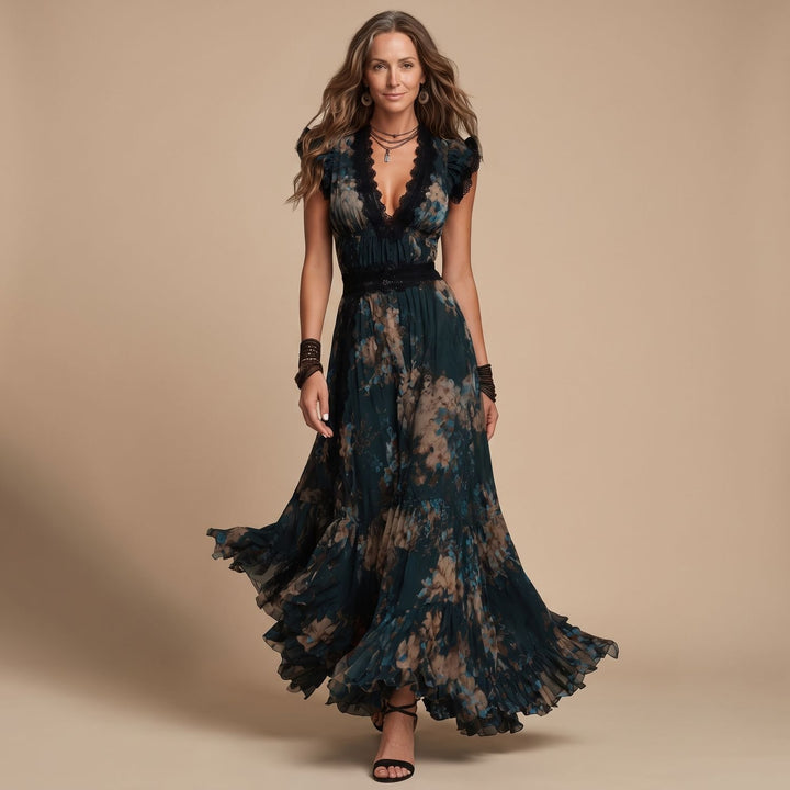Women's Deep V-Neck Lace-Trim Floral Chiffon Maxi Dress