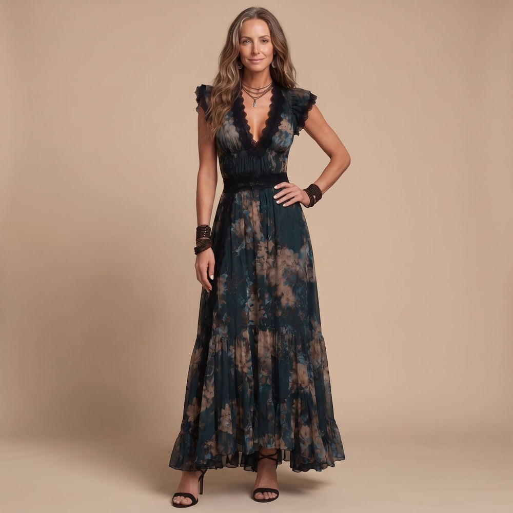 Women's Deep V-Neck Lace-Trim Floral Chiffon Maxi Dress