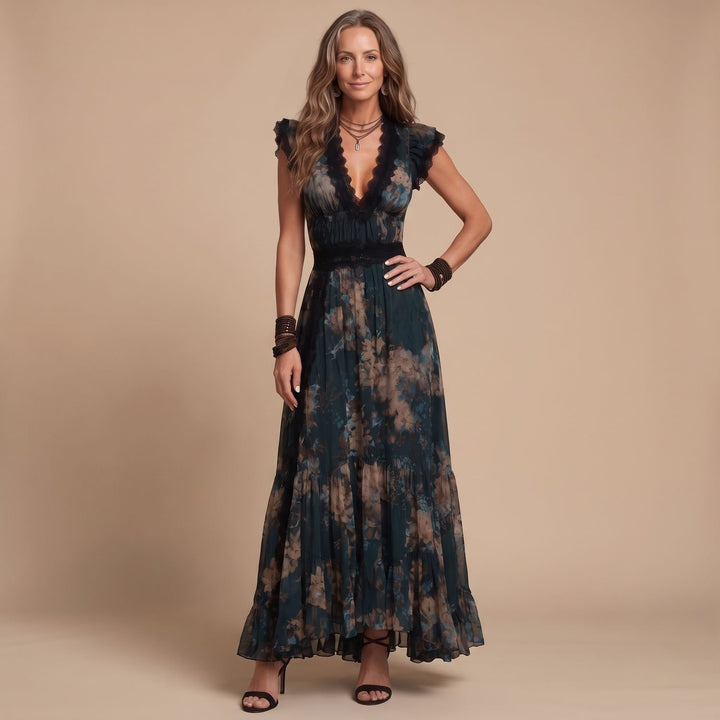 Women's Deep V-Neck Lace-Trim Floral Chiffon Maxi Dress