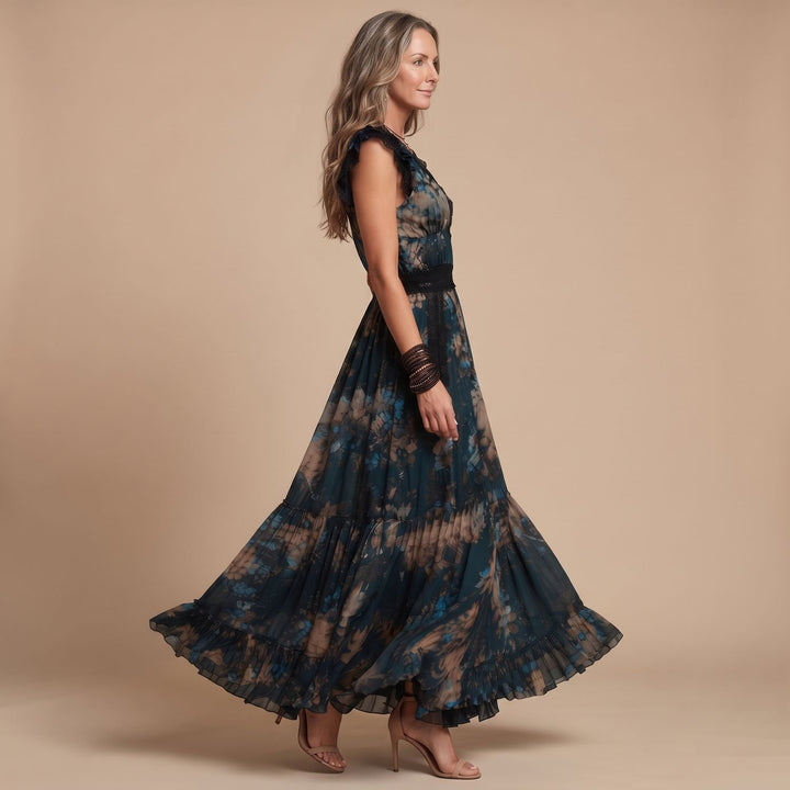 Women's Deep V-Neck Lace-Trim Floral Chiffon Maxi Dress