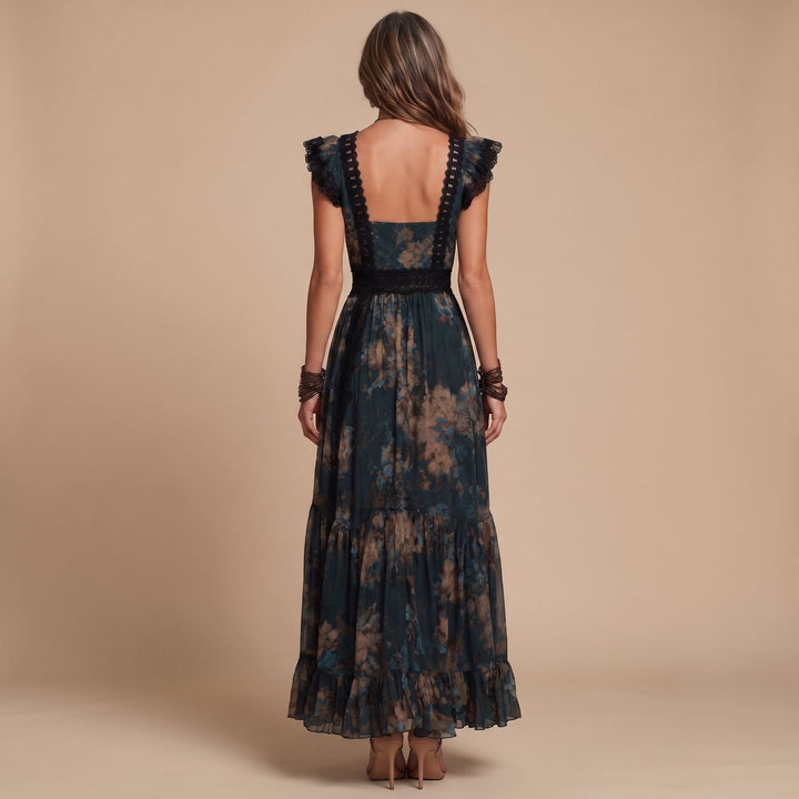 Women's Deep V-Neck Lace-Trim Floral Chiffon Maxi Dress