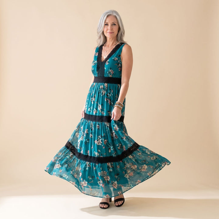 Women's Deep V-Neck Lace-Trim Floral Chiffon Maxi Dress