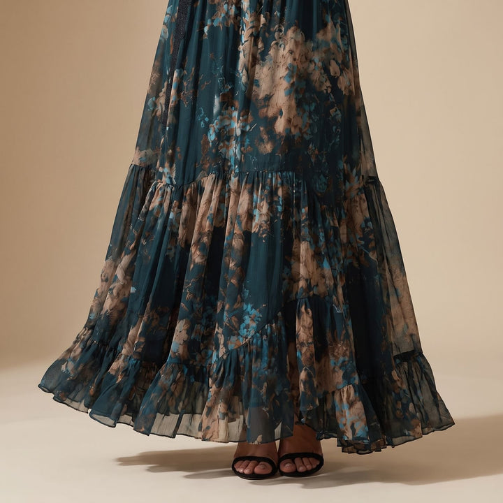 Women's Deep V-Neck Lace-Trim Floral Chiffon Maxi Dress