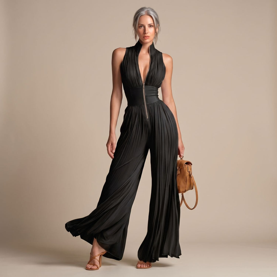 Women's Deep V-Neck Pleated Wide-Leg Sleeveless Jumpsuit - Black