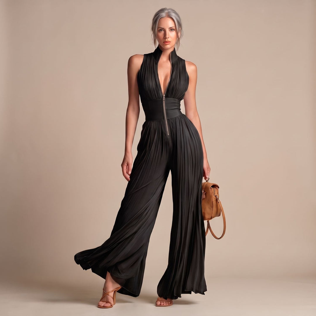 Women's Deep V-Neck Pleated Wide-Leg Sleeveless Jumpsuit