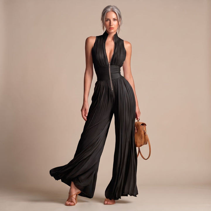 Women's Deep V-Neck Pleated Wide-Leg Sleeveless Jumpsuit