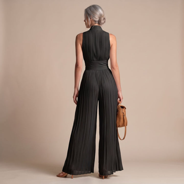 Women's Deep V-Neck Pleated Wide-Leg Sleeveless Jumpsuit