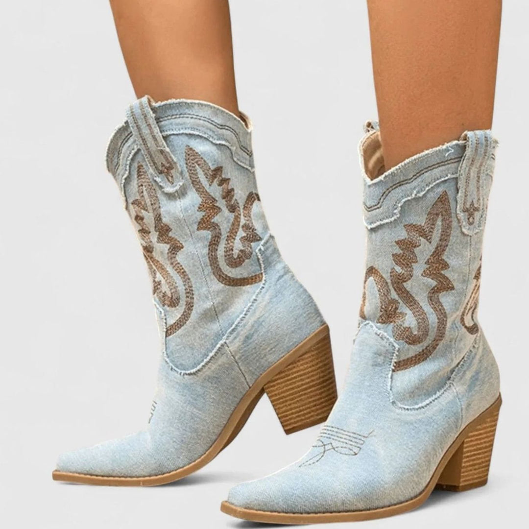 Women's Denim Embroidered Western Cowboy Mid-Calf Boots - Light Blue