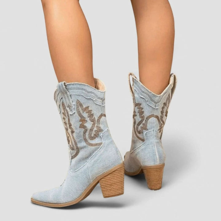 Women's Denim Embroidered Western Cowboy Mid-Calf Boots