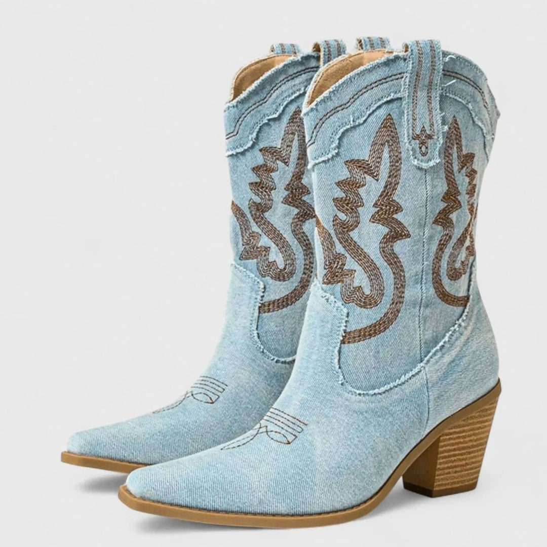 Women's Denim Embroidered Western Cowboy Mid-Calf Boots