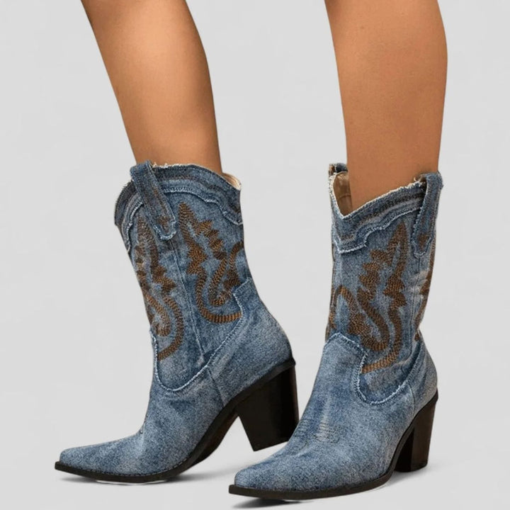 Women's Denim Embroidered Western Cowboy Mid-Calf Boots - Denim Blue