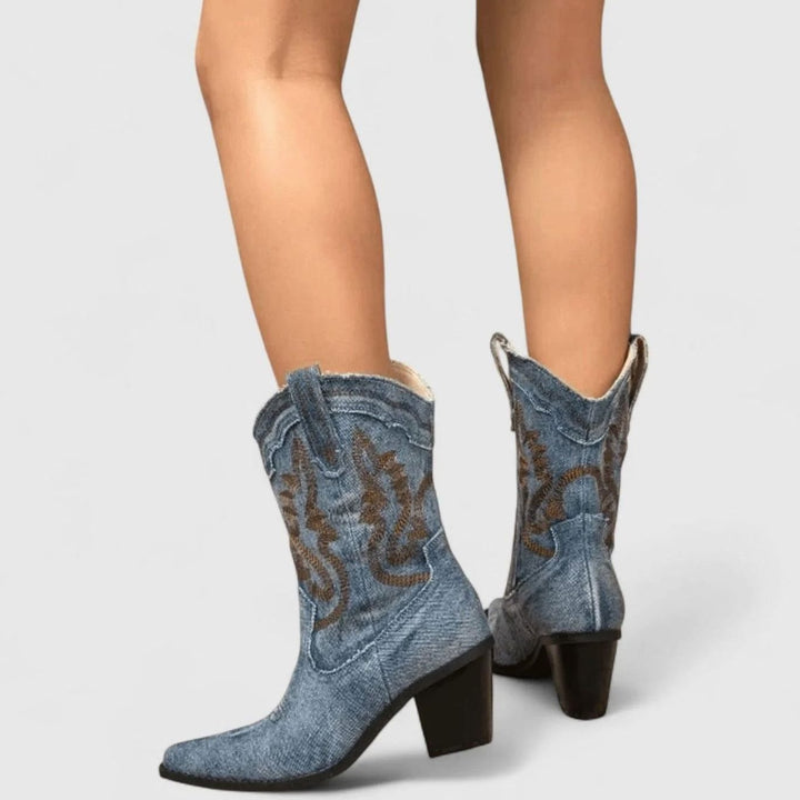 Women's Denim Embroidered Western Cowboy Mid-Calf Boots