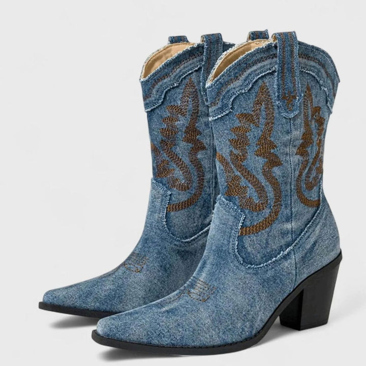Women's Denim Embroidered Western Cowboy Mid-Calf Boots