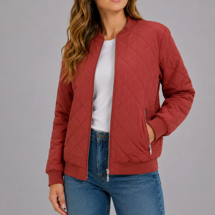 Women's Diamond Quilted Bomber Jacket with Pockets - Red