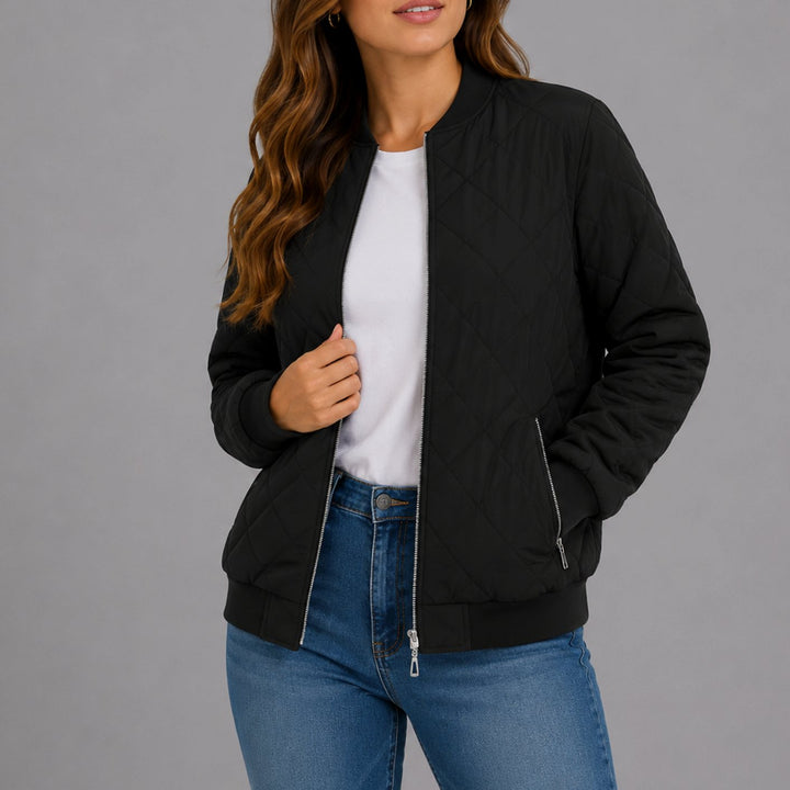 Women's Diamond Quilted Bomber Jacket with Pockets - Black