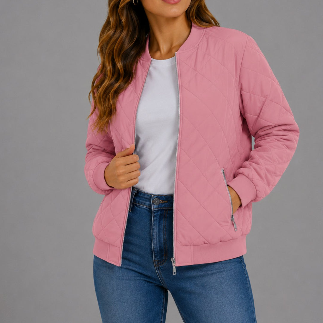 Women's Diamond Quilted Bomber Jacket with Pockets - Pink
