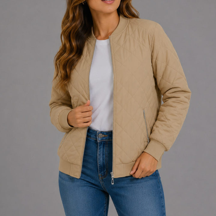 Women's Diamond Quilted Bomber Jacket with Pockets - Beige